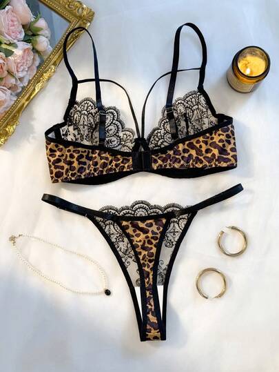 Zwart Leopard Print Kanten Verleidelijke Lingerie Set, Semi Transparent Bloemen BH Thong, Adjustable Shoulder Strap Home view 5