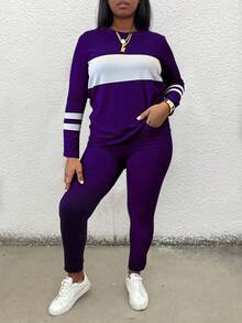 Plus Size Women Casual Commuting Striped Contrast Color Long Sleeve T-Shirt And Skinny Pants Set - Purple - View 2