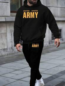 (2 PCS) Armys Hoodies 2 Set Festive UNITED STATES ARMYS Autumn And Winter Hooded Sweatshirt Set, New Men'S Printed Hoodie, Men'S Casual Sports Top, Drawstring Suit - 黑色2 - 查看 1