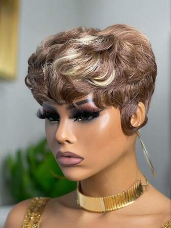 Pixie Cut Wig For Women Human Hair 1B613, 4/613, 1B/Pink Colored Wigs Short Wigs For Black Women Pixie Wigs With Bangs Real Human Hair Glueless None Lace Front Full Machine Made Layered Wig Hair Replacement Wig For Valentine's Day,Christmas, Daily Use Put On And Go Wig