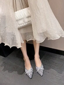 zuandashu 0.5码可爱优雅银色亮片平底芭蕾舞鞋，尖头蝴蝶结套脚休闲乐福鞋，舒适工作鞋，适合34-43码女性，春、夏、秋季百搭 - 銀色 - 查看 10