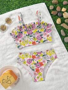 Young Girl Floral Ruffle Trim Camisole Bikini Top And Triangle Bottoms 2-Piece Swimsuit Set - Multicolor - View 1