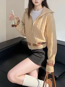 女式学院风翻领拉链针织开衫，秋冬 - 淺卡其 - 查看 4