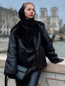 TRAFZA 女士仿羊羔绒外套，休闲柔软麂皮宽松保暖秋冬外套，黑色 - 黑色 - 查看 4