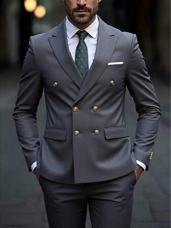 Fashion New Men's Business Double Breasted Solid Color Suit Coat+Trousers Male Slim Wedding 2 Pieces Blazers Jacket Pants High Quality Social Contact Gown