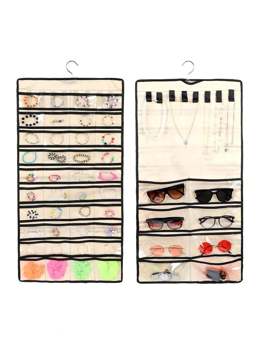 1 pieza Organizador de joyas colgante con gancho de metal, organizador de joyas colgante de doble cara de gran capacidad, 48 bolsillos, puede almacenar aretes, bolsa de almacenamiento de joyas de gran capacidad, soporte antioxidante para aretes, estante de exhibición de 48 bolsillos, estante de almacenamiento y exhibición de collares - Multicolor - Ver 1