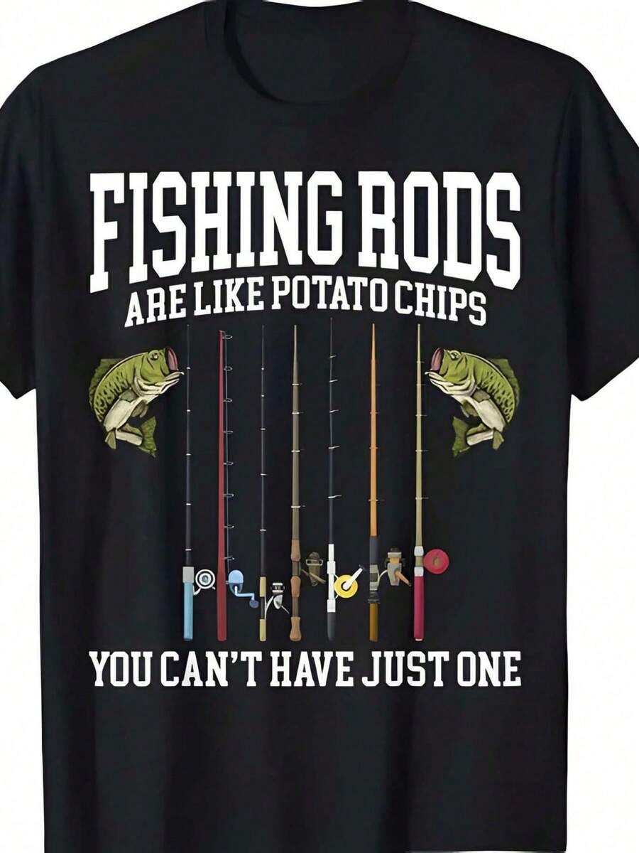 Plus Size Cotton Tee 100 Cotton Mens Plus Size Graphic T-Shirt Casual Round Neck Tee With FISHING RODs ARE LIKE POTATO C - 黑色 - 查看 1