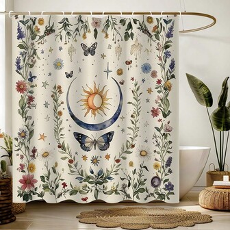 1 pieza Cortina de ducha con diseño celestial y botánico - Patrón de sol, luna, mariposa y floral, tela de poliéster, con 12 ganchos, colores brillantes, estilo alegre y retro para decoración del baño