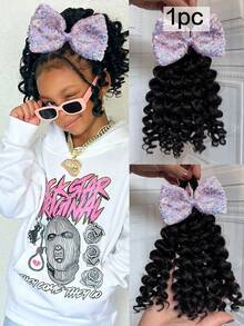 1 Peça Extensão de Cabelo Trançado com Laço Brilhante para Meninas, Acessórios de Cabelo, Varinha de Cachos para Crianças, 8 Polegadas - Preto - Visão 12