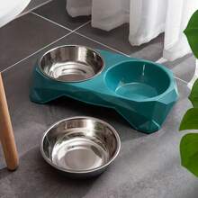 Upgraded Diamond Pattern Stainless Steel Pet Double Bowl, Plastic, Raised Anti-Slip Neck Protection Feeding Bowl, Multiple Colors Available, Suitable For Medium & Small Dogs, Cats - Multicolor - View 9