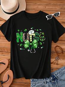 St Patrick's Day Nurse Shirt With Shamrock And Stethoscope Design For Women White T-Shirt - 黑色 - 查看 3
