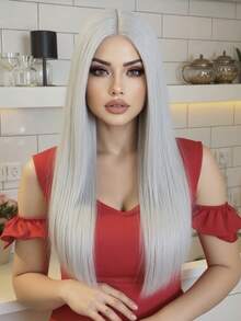 28英寸蓝色假发，自然长直发假发，女士适用，耐热合成纤维假发，适合日常角色扮演使用 - 彩色 - 查看 10