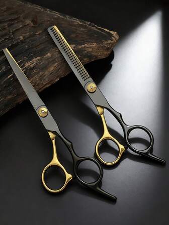 1pc/2pcs High Quality Professional Hair Cutting Scissors Set For Home Use, Stainless Steel Haircutting Shears, Black And Gold,Hair Tools,Hair Products And Accessories For Barber Salon Beauty Travel Essentials