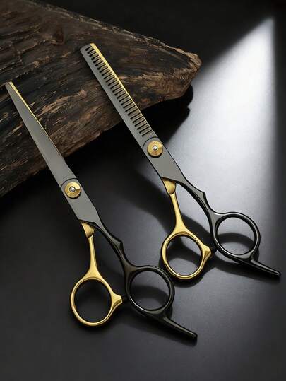 1 pieza/2 piezas Juego de tijeras de corte de pelo profesionales de alta calidad para uso doméstico, tijeras de corte de pelo de acero inoxidable, negro y dorado, herramientas para el cabello, productos y accesorios para peluquería, salón de belleza, artículos esenciales de viaje