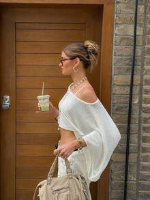 Áo khoác dệt kim tay cánh dơi hở eo, màu trơn, dáng ngắn, gợi cảm, vai bất đối xứng, màu trơn, dành cho nữ mùa xuân sớm 2026, thích hợp cho đi biển, hẹn hò, du lịch. Trang phục mùa xuân cho nữ, trang phục đi nghỉ mát, phong cách đường phố, trang phục đi xem hòa nhạc, trang phục tốt nghiệp, trang phục đi du thuyền, trang phục công sở thường ngày, thời trang Y2K màu trắng mùa hè. - trắng - Xem 5