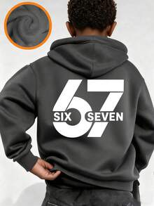 Áo nỉ chui đầu in chữ và số "67 SIX SEVEN" dành cho bé trai, ấm áp và thoải mái cho mùa thu/đông, phù hợp với phong cách đường phố năng động của các bé trai. - Màu xám đen - Xem 4