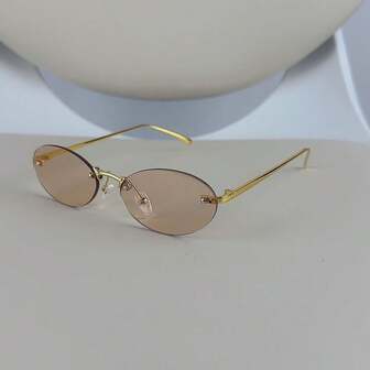 1 Pair Women's Champagne Oval Frameless Metal Leg Edged Small Frame Fashion Glasses, Suitable For Daily Wear