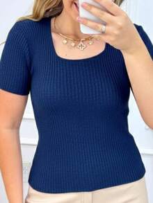 Women's Basic Ribbed Knit Short Sleeve Casual Square Neck Blouse - 藏蓝色 - 查看 4