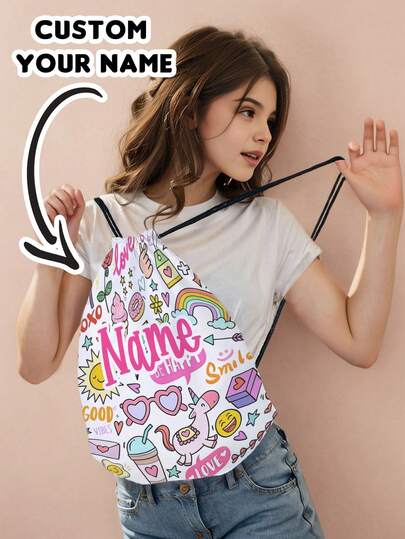 1pc Customizable Name Drawstring Backpack With Horse Print, Can Be Customized According To Your Unique Design, Suitable For Children And Teenagers, Print Your Own Name Or Gift To Your Siblings And Classmates