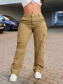 Plus Size Women Solid Color Straight Loose Casual Cargo Pants - Khaki - View 1