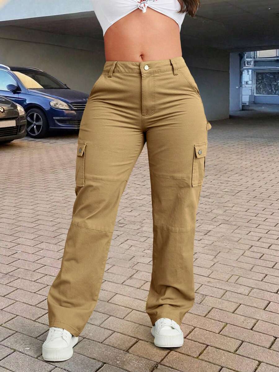 Plus Size Women Solid Color Straight Loose Casual Cargo Pants - Khaki - View 1