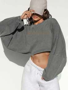 Stylish Oversized Cropped Sweatshirt For Women - Soft And Cozy Long Sleeve Top, Perfect For Casual Outings Or Layering -  Streetwear Fashion, Ideal For Fall And Winter Wardrobe - Available In Multiple Colors To Match Your Unique Style. -Light Grey Spring And Autumn All-Match Casual Basic Style, Playful And Tall - 淺灰 - 查看 6