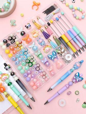 一套/盒串珠塑料圆珠笔套装，包含钥匙扣、带彩色珠子的塑料串珠笔、流苏和龙虾扣，可用于DIY制作笔钥匙扣串珠，适合学生和派对礼物。