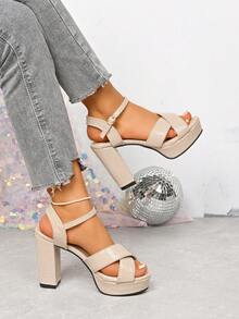 Giày cao gót đế cao màu be thời trang mới thoải mái kết cấu đá PU quai chéo cho nữ, mũi tròn hở mắt cá chân, thiết kế quai ngang mắt cá chân, giày cao gót đế dày gợi cảm thời trang đa năng cho tiệc khiêu vũ ngoài trời mùa hè - Màu be - Xem 6