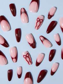 24片杏仁形可爱3D蝴蝶结凝胶美甲贴纸，镶嵌水钻，法式美甲设计，亚克力材质，情人节主题，完美贴合假指甲。套装包含：1瓶果冻凝胶和1把指甲锉。酒红色美甲让您的指尖闪耀夺目，适合女性日常工作和派对场合。 - 酒紅色 - 查看 5