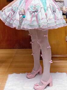 Quần tất mỏng màu trắng họa tiết nơ hồng dễ thương phong cách Lolita Kawaii mặc hàng ngày - Nhiều màu - Xem 1