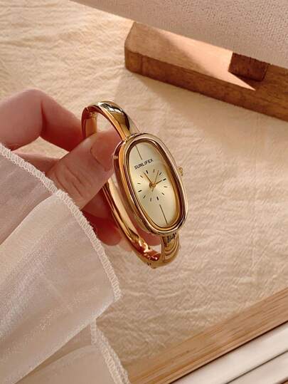1 pièce Montre bracelet élégante pour femmes, design ovale, cadran vert, ton argent et or, mode et décontractée