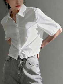女士不对称纽扣装饰短袖休闲衬衫、时尚日常穿着、短袖上衣 - 白色 - 查看 5