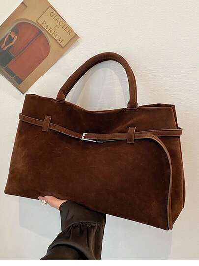 Women's Vintage Faux Suede Tote Bag, Autumn/Winter New Fashion Large Capacity Commuter Shoulder Bag, Versatile & Elegant Velvet Tote Bag