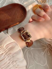 1件黑色/棕色方形PU皮革女士石英表，复古时尚简约风格，适合日常佩戴，新年/毕业礼物，休闲聚会 - 棕色 - 查看 4