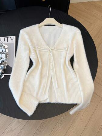 秋冬季仿羊绒极简系带开衫，时尚休闲百搭纯色长袖毛衣外套