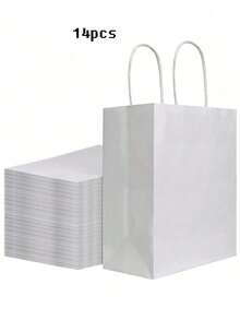 12个8英寸白色带提手礼品袋，牛皮纸材质，适用于生日、婚礼、情人节、新娘送礼会、单身派对、新娘送礼会回礼、婚礼回礼、万圣节、圣诞节等场合。 - 白色 - 查看 12