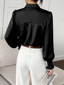1pc Elegant Solid Color Button-Front Shirt, Suitable For Office, Holiday, Spring/Summer/Autumn - Black - View 4