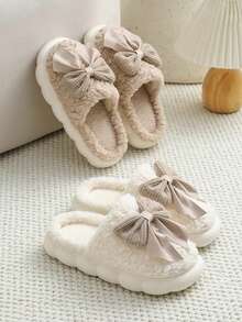 2025 New Arrival Women's Plush Bow Slippers | Warm Fluffy Indoor Shoes | Thick Sole Non-Slip Open Toe Bedroom Slippers (Best Selling) - Khaki - View 7