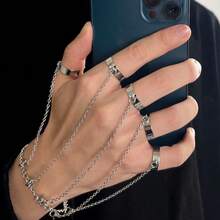 1 PC Punk Chain Tassel Bracelet With Finger Rings, Gothic Hand Harness & Kurapika Chain Hand Chain Jewelry For Women And Men - Silver Black - View 3