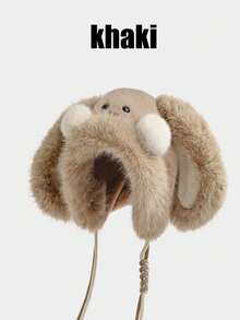 1pc Warm Autumn And Winter Wool Hat Powder Blusher Rabbit Ear Bucket Hat Cartoon Plush Thickened Winter Women Cute Funny Hat - Multicolor - View 12