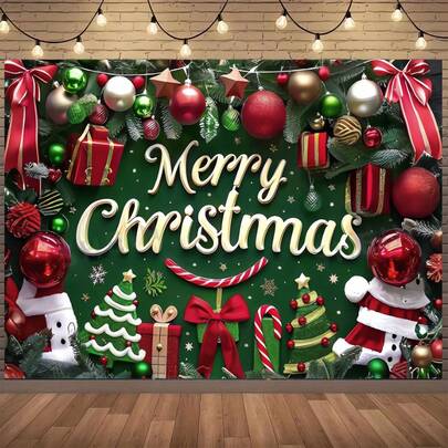 1件圣诞快乐横幅背景涤纶圣诞礼盒球图案圣诞背景装饰圣诞快乐家居装饰2025新年快乐2026装饰节日背景布装饰墙挂挂毯房间家居装饰2D平面节日场景假日装饰