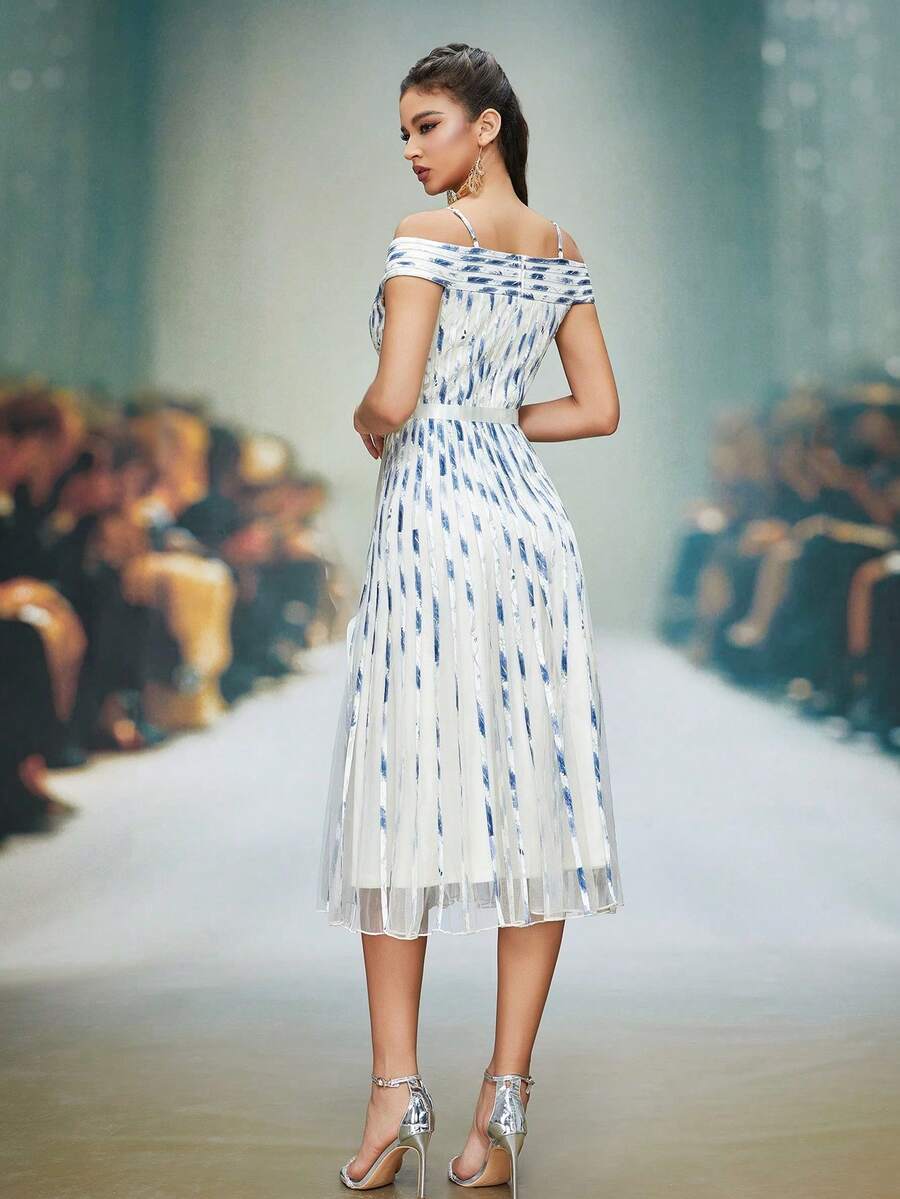 Mgiacy Off-Shoulder Spaghetti Strap Striped Mesh High-End Evening Gown - Blue and White - View 1