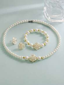 1 套优雅浪漫花朵仿珍珠设计项链、手链、耳环 4 件珠宝适合女性、女孩、学生、办公室女士、日常穿着、派对、约会、情人节礼物、妈妈、母亲、母亲节、礼物 - 金色 - 查看 1