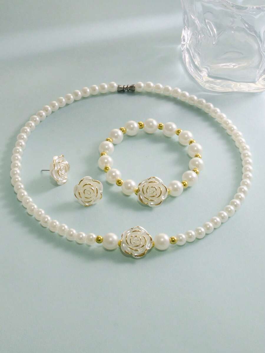 1 套优雅浪漫花朵仿珍珠设计项链、手链、耳环 4 件珠宝适合女性、女孩、学生、办公室女士、日常穿着、派对、约会、情人节礼物、妈妈、母亲、母亲节、礼物 - 金色 - 查看 1