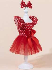 Christmas Pet Costume - Red & Polka Dot Tulle Dress With Puffy Sleeves, Button Closure, Elegant Holiday Outfit For Small Dogs & Cats Adorable Red Dog Dress With Breathable Tulle Skirt - Easy-Pull Head Design For Spring Summer Outfits, Puppy Party Costume For Small Medium Large Dogs - 紅色 - 查看 5