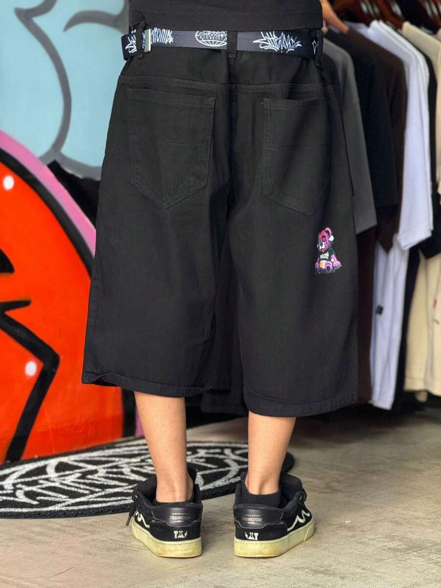 Black Baggy Denim Bermuda Shorts, Bear, Sow Culture Street Skate, New Product On , Launch. - 黑色 - 查看 1