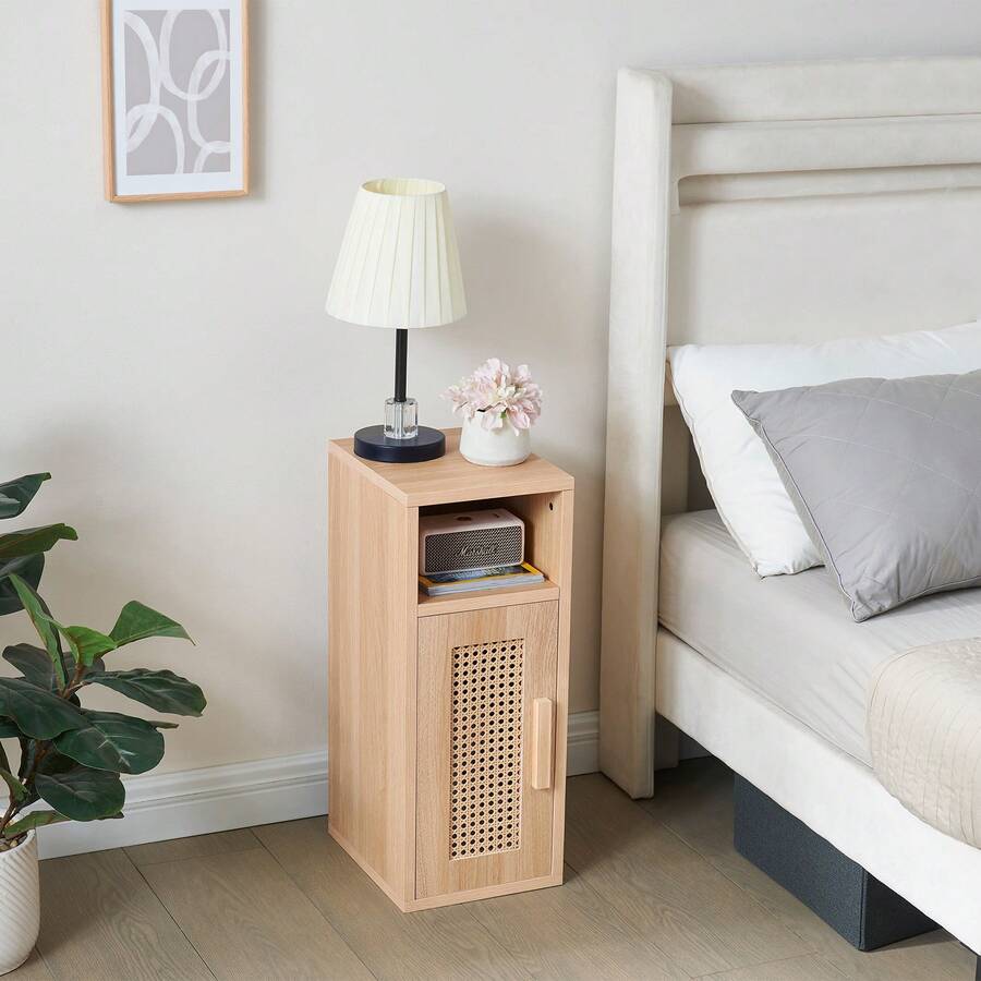 OCTTZ Rattan Bedside Tables, Narrow Side Tables, Boho Nightstands With Magnetic Cabinet Doors, Wooden Nightstands For Living Room, Office, Bedroom, Natural Color - 隔間 - 查看 1
