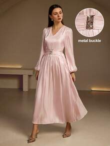 女士优雅百搭闪光长袖超长连衣裙 - 闪亮薄纱面料，A 字廓形，金属纽扣和水晶腰部褶饰，适合情人节、圣诞节、派对和婚礼季节