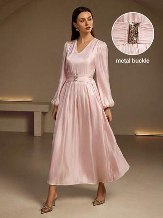 Vestido largo elegante y versátil con mangas largas y brillo para mujer - Tela de tul brillante, silueta de línea A, botón de metal y volantes con cintura ceñida con cristales, adecuado para el Día de San Valentín, Navidad, fiestas y temporada de bodas