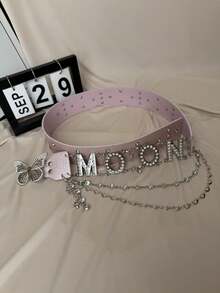 1pc Letter Retro PU Leather Crocodile Print Rhinestone Studded Moon/Light Buckle Decorative Belt, Y2K Abby Girl Streetwear Style, Versatile For Jeans, Skirts, Photography Prop Summer, School Fall, Autumn, Halloween - Multicolor - View 10